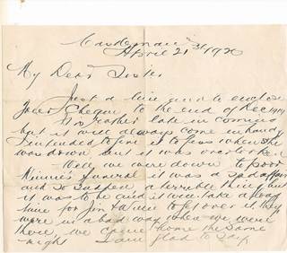 Facsimile of handwritten letter — B.A. Webber to Bella Agel, Castlemaine, 21 April 1920, page 1 — enclosing cheque; mentions Minnie's funeral