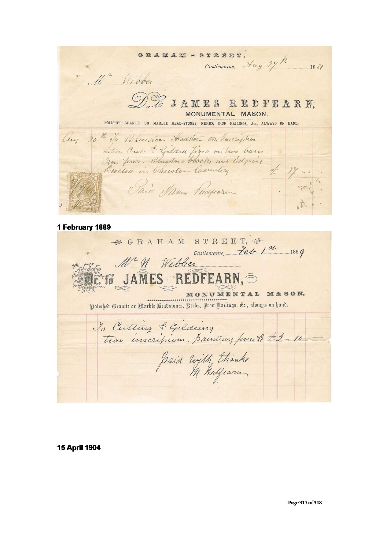 James Redfearn Monumental Mason receipts — 29 August 1881 and 1 February 1889