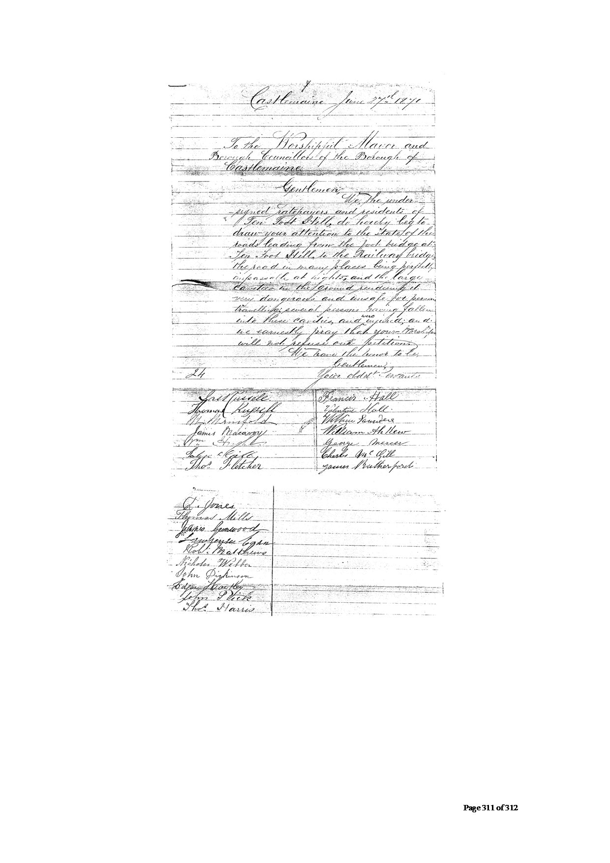 Petition to Borough of Castlemaine regarding roads in Ten Foot Hill, 27 June 1870 — signed by Nicholas Webber