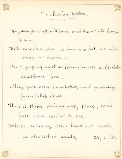 Handwritten verse 'To Marion Webber', 1883