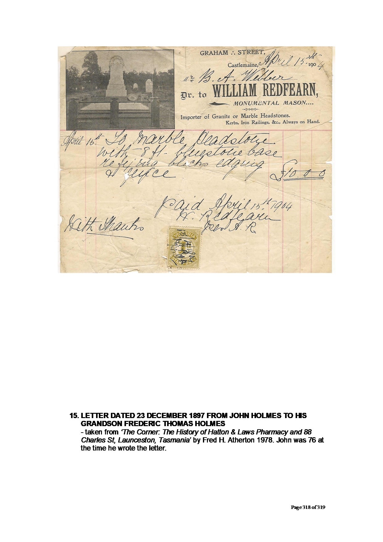 William Redfearn Monumental Mason receipt, 13 April 1904 — marble headstone for B.A. Webber